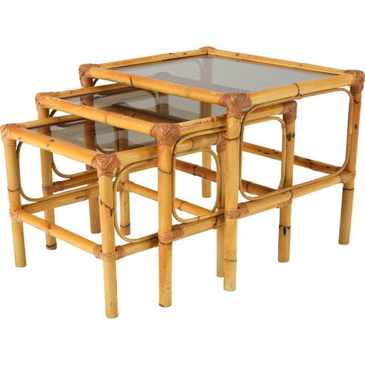Tables gigognes vintage en bambou et verre fumé, Espagne 1970