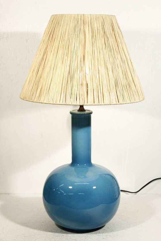 Image 1 of Alvino Bagni - Grand Pied De Lampe Bleu Céruléen Craquelé Design Italie 1960S