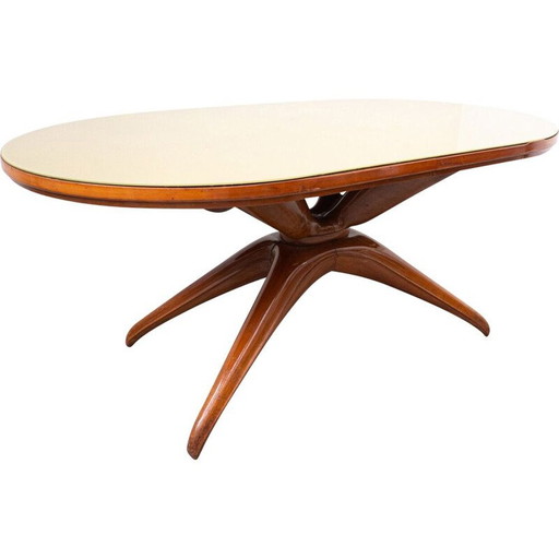 Table vintage en cerisier brun et verre par Guglielmo Ulrich, Italie 1950