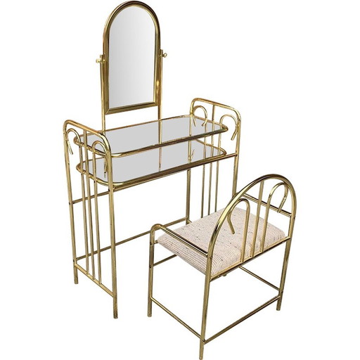 Table de toilette vintage en laiton avec tabouret, années 1950