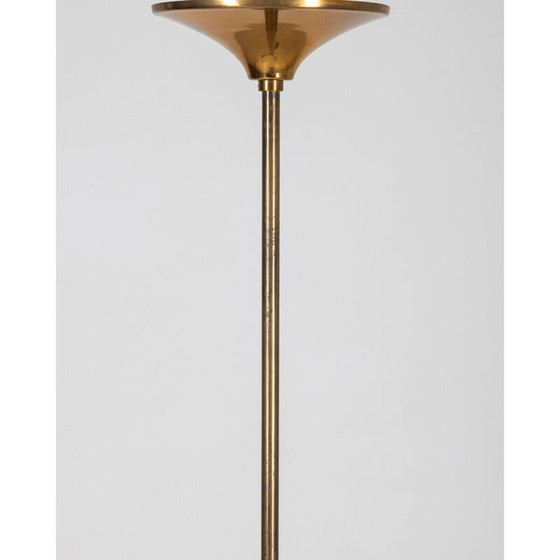 Image 1 of Lustre vintage avec structure en bois et laiton doré avec abat-jour en verre opalin, années 1950