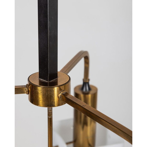 Image 1 of Lustre vintage avec structure en bois et laiton doré avec abat-jour en verre opalin, années 1950