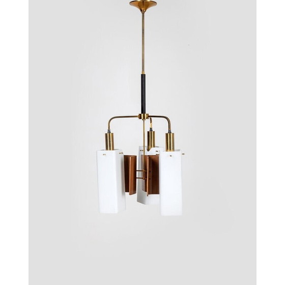 Image 1 of Lustre vintage avec structure en bois et laiton doré avec abat-jour en verre opalin, années 1950