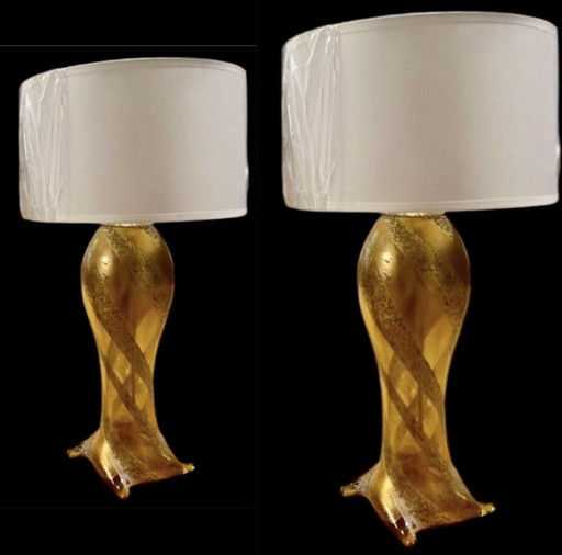 Seguso By Flavio Poli Gold Pair Of Lamp Murano, Italy 1960S