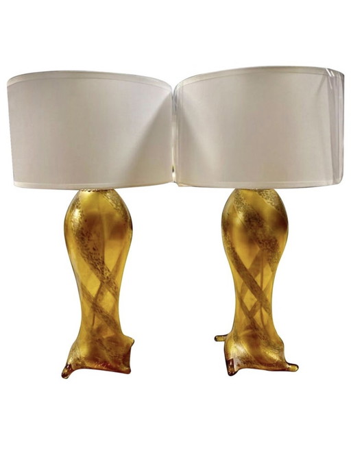 Seguso By Flavio Poli Gold Pair Of Lamp Murano, Italy 1960S