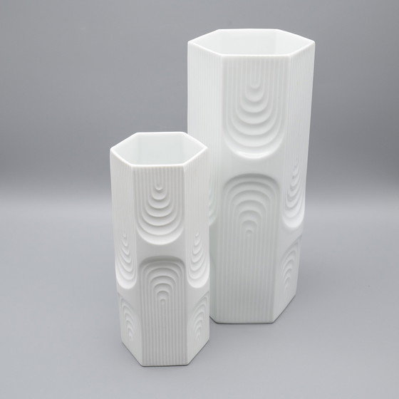 Image 1 of Retro Op Art Design Ak Kaiser Vase en Porcelaine Géométrique Relief Brillant Vintage 70S