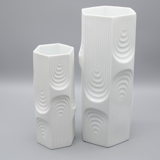 Image 1 of Retro Op Art Design Ak Kaiser Vase en Porcelaine Géométrique Relief Brillant Vintage 70S