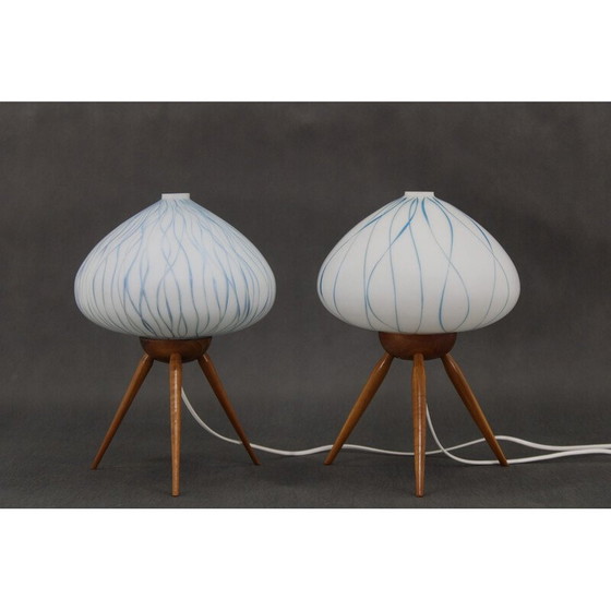 Image 1 of Paire de lampes de table vintage en bois de hêtre et verre pour Uluv, Tchécoslovaquie 1960