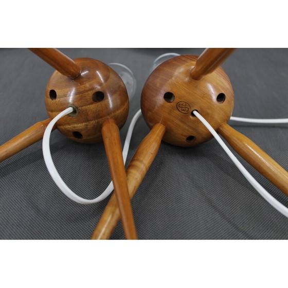Image 1 of Paire de lampes de table vintage en bois de hêtre et verre pour Uluv, Tchécoslovaquie 1960