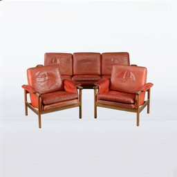 Salon vintage rouge en cuir et bois de rose - années 1960