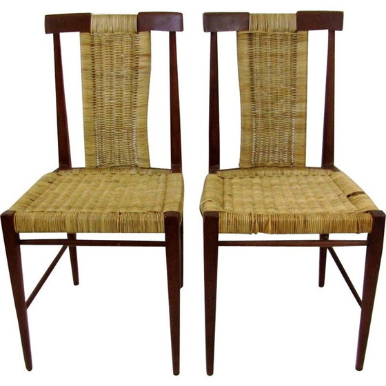 Image 1 of Ensemble de 2 chaises de salle à manger vintage en bois et osier, années 1960