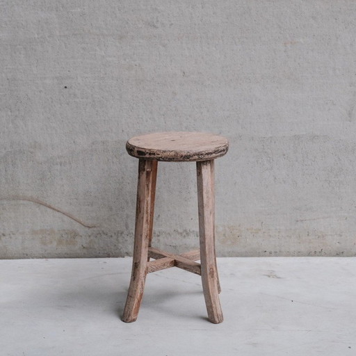 Tabouret primitif vintage en bois, France 1940