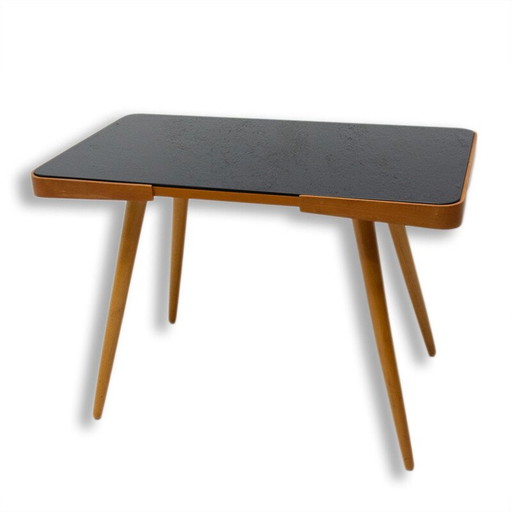 Table basse vintage en verre opaque et bois de hêtre par Interior Praha, Tchécoslovaquie 1960