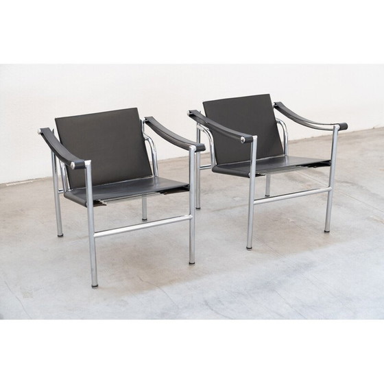 Image 1 of Paire de fauteuils LC1 vintage en cuir et acier par Le Corbusier et Pierre Jenneret pour Cassina, Italie 1970