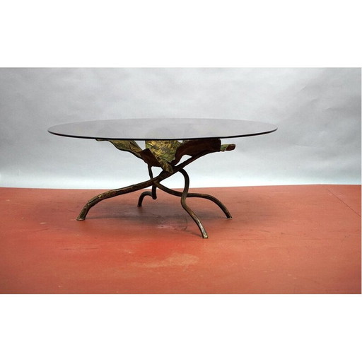 Table basse vintage en bronze et verre en forme de feuille, Allemagne 1970