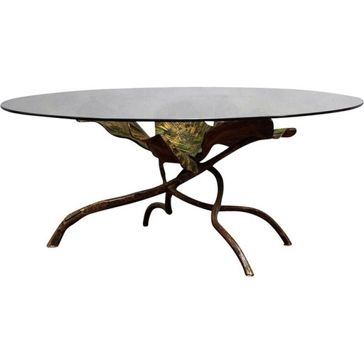 Table basse vintage en bronze et verre en forme de feuille, Allemagne 1970