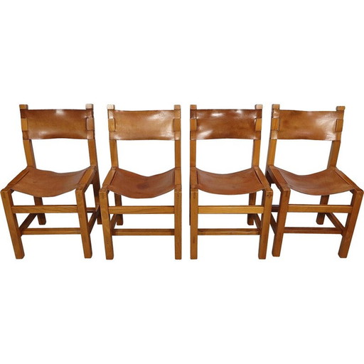 Ensemble de 4 chaises vintage en orme massif et cuir par Maison Regain, 1960