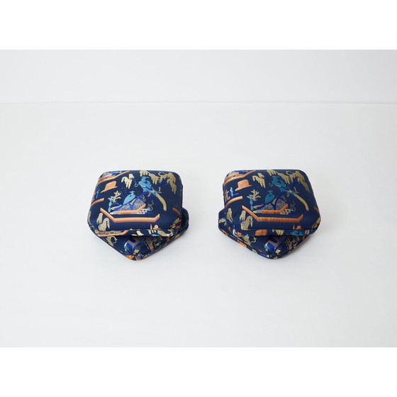 Image 1 of Paire de poufs vintage en tissu jacquard bleu royal de Jacques Charpentier pour Maison Jansen, 1970