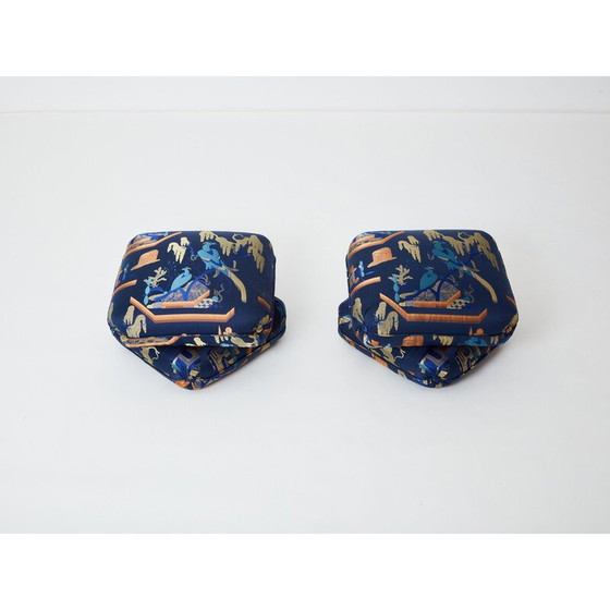 Image 1 of Paire de poufs vintage en tissu jacquard bleu royal de Jacques Charpentier pour Maison Jansen, 1970