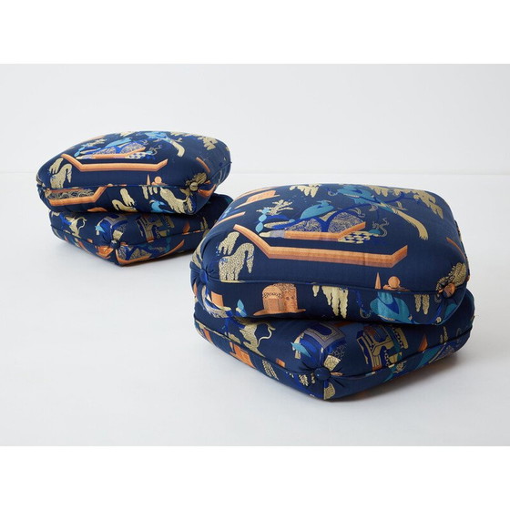 Image 1 of Paire de poufs vintage en tissu jacquard bleu royal de Jacques Charpentier pour Maison Jansen, 1970
