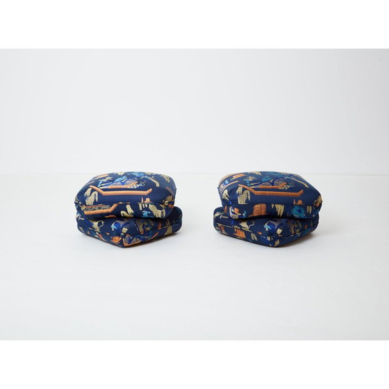 Image 1 of Paire de poufs vintage en tissu jacquard bleu royal de Jacques Charpentier pour Maison Jansen, 1970
