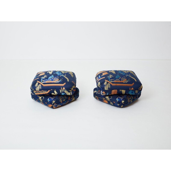 Image 1 of Paire de poufs vintage en tissu jacquard bleu royal de Jacques Charpentier pour Maison Jansen, 1970
