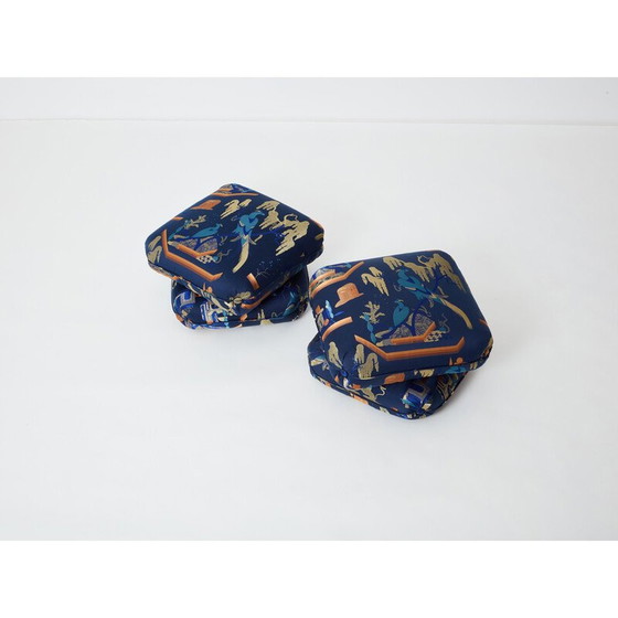 Image 1 of Paire de poufs vintage en tissu jacquard bleu royal de Jacques Charpentier pour Maison Jansen, 1970