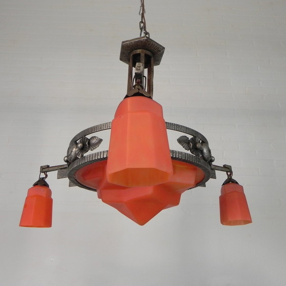 Image 1 of Lampe suspendue Art Déco avec bol en verre et 3 calices, années 1930