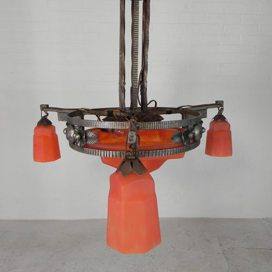 Image 1 of Lampe suspendue Art Déco avec bol en verre et 3 calices, années 1930