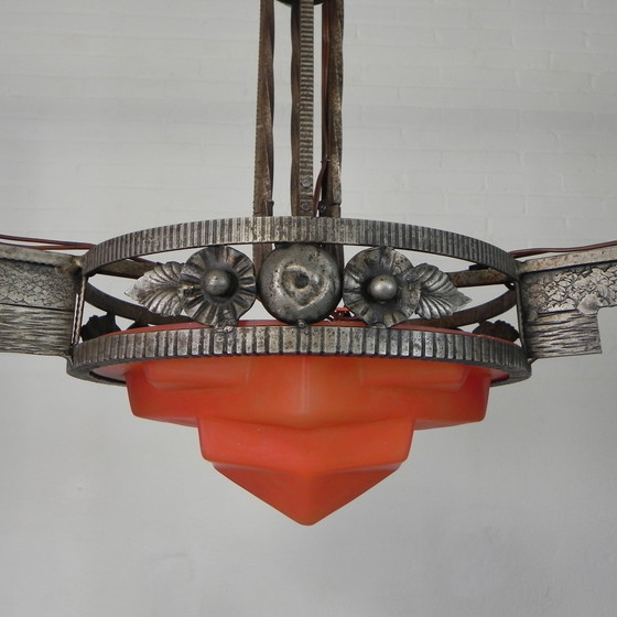 Image 1 of Lampe suspendue Art Déco avec bol en verre et 3 calices, années 1930