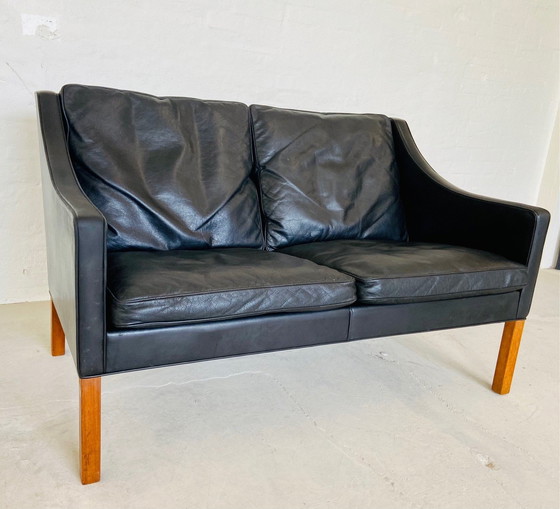 Image 1 of Canapé 2 places en cuir noir Danish Vintage Mid Century Børge Mogensen 1960S