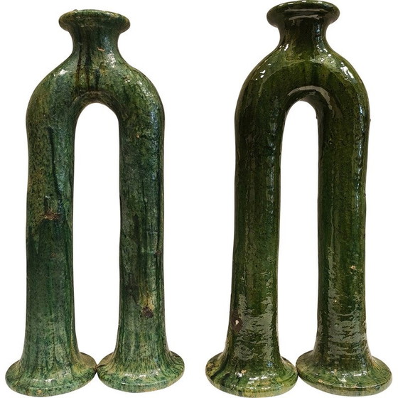 Image 1 of Paire de bougeoirs vintage en céramique émaillée verte, Maroc