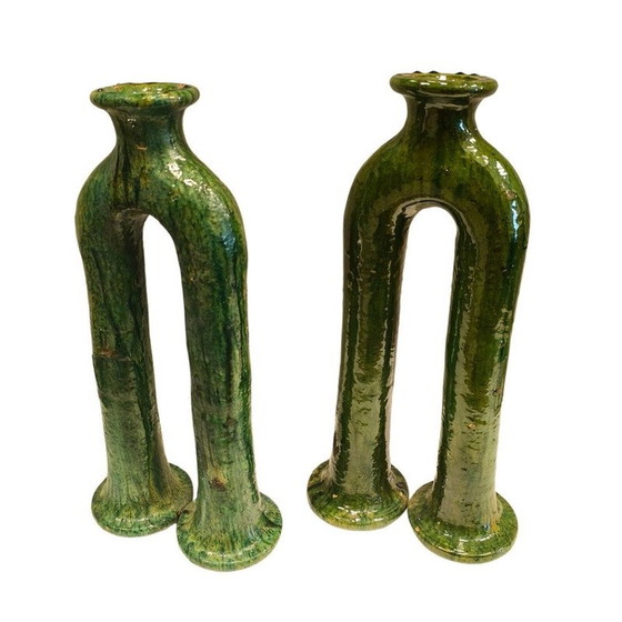 Image 1 of Paire de bougeoirs vintage en céramique émaillée verte, Maroc