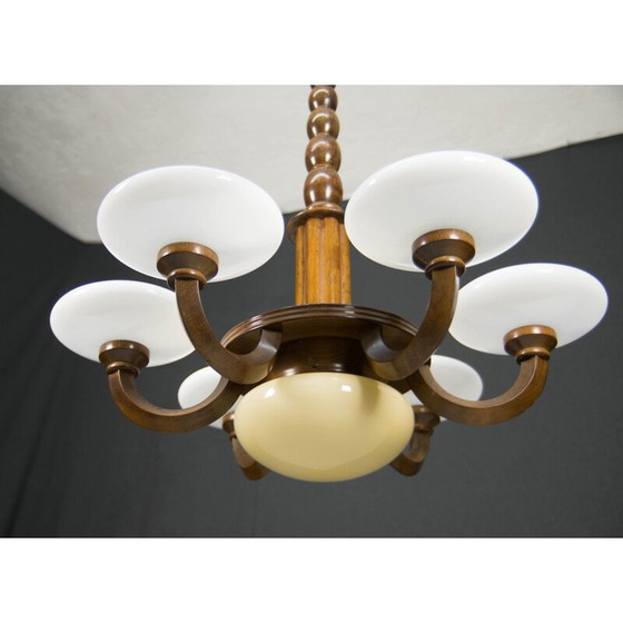 Image 1 of Lustre vintage art déco en bois et verre, 1930