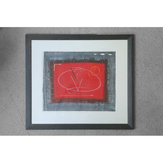 Image 1 of Peinture de composition vintage en noir et rouge, 1979