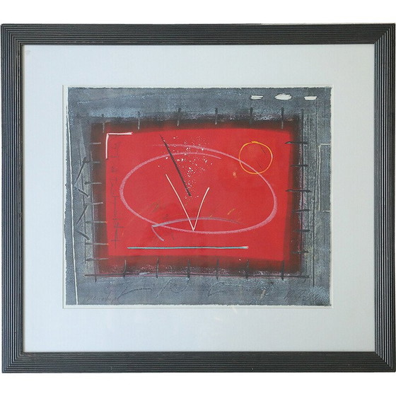 Image 1 of Peinture de composition vintage en noir et rouge, 1979
