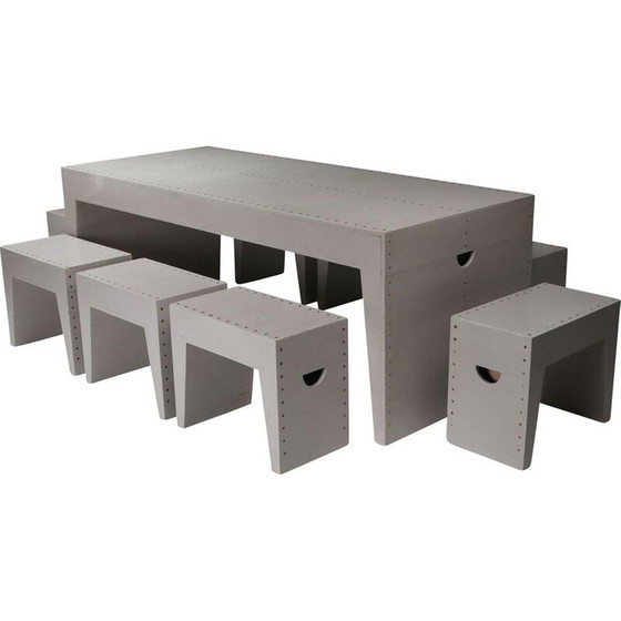Image 1 of Table d'écolier et tabourets en pin par Bossche Dom Hans van der Laan et Jan de Jong, Pays-Bas 1960
