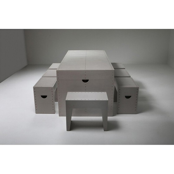Image 1 of Table d'écolier et tabourets en pin par Bossche Dom Hans van der Laan et Jan de Jong, Pays-Bas 1960