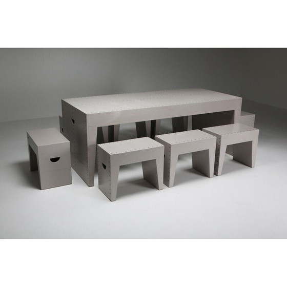 Image 1 of Table d'écolier et tabourets en pin par Bossche Dom Hans van der Laan et Jan de Jong, Pays-Bas 1960