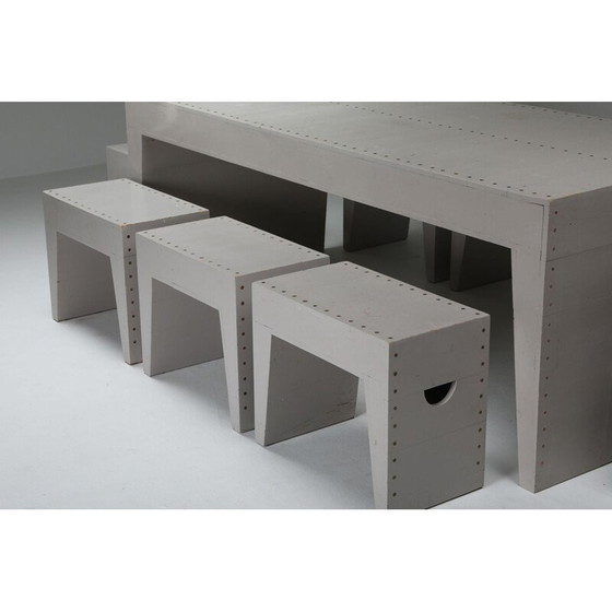 Image 1 of Table d'écolier et tabourets en pin par Bossche Dom Hans van der Laan et Jan de Jong, Pays-Bas 1960