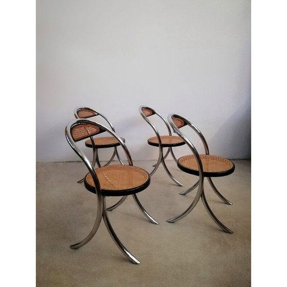 Image 1 of Ensemble de 4 chaises de salle à manger vintage en acier chromé et paille de Vienne, Italie 1970