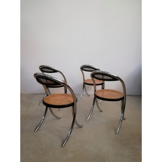 Image 1 of Ensemble de 4 chaises de salle à manger vintage en acier chromé et paille de Vienne, Italie 1970