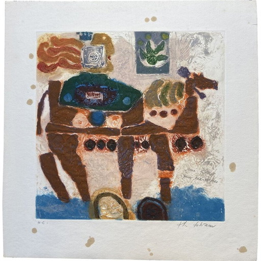 Gravure vintage d'une fleur pour mardochée par Theo Tobiasse, 1980