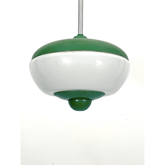 Image 1 of Lampe suspendue vintage en laque verte et verre de lait, Italie 1950