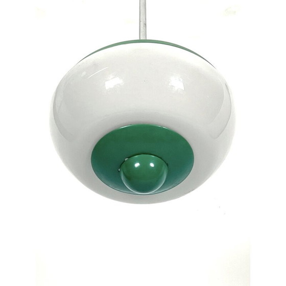 Image 1 of Lampe suspendue vintage en laque verte et verre de lait, Italie 1950