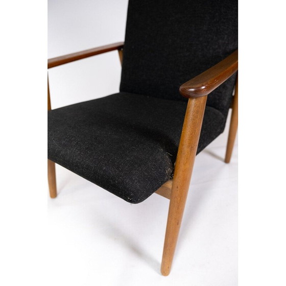 Image 1 of Fauteuil et tabouret vintage en teck avec tissu en laine sombre Danemark années 1960