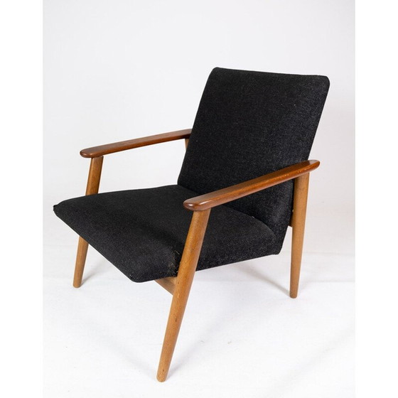 Image 1 of Fauteuil et tabouret vintage en teck avec tissu en laine sombre Danemark années 1960