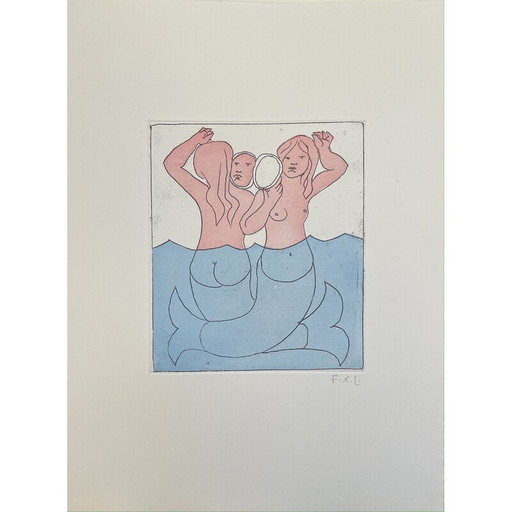 Peinture vintage "les sirènes" sur papier de François Xavier Lalanne, France 2005s