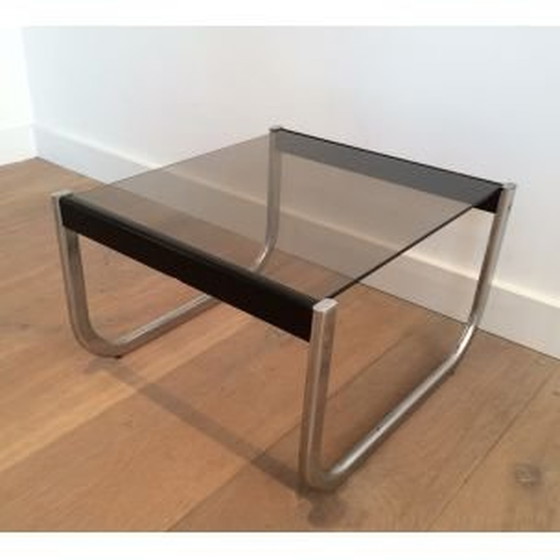 Image 1 of Paire de tables d'appoint vintage en chrome, bois noirci et verre, 1970