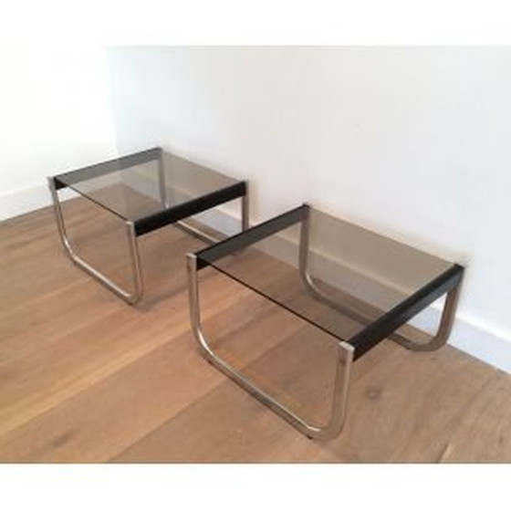 Image 1 of Paire de tables d'appoint vintage en chrome, bois noirci et verre, 1970